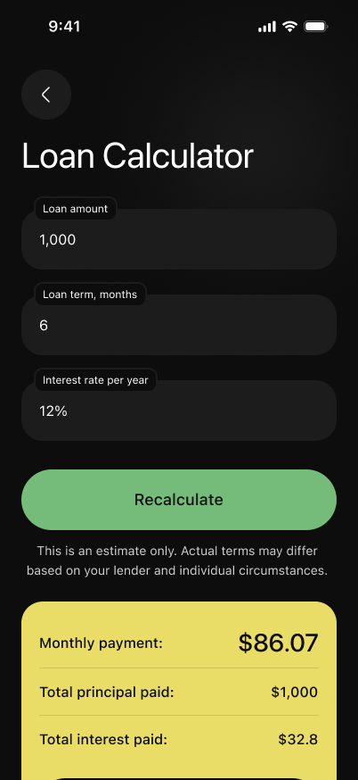 Loan calculator results